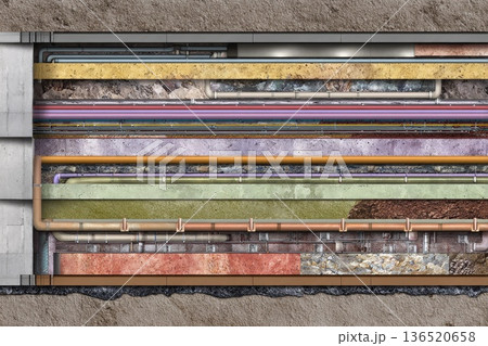 Horizontal cross section of a residential building showing aligned layers of plumbing, wiring, and structural parts. Horizontal cross section of a residential building showing aligned layers of plumbing, wiring, and structural parts. 136520658
