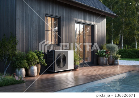 A modern heat pump unit installed outside a minimalist Scandinavian-style home with wood siding and large windows A modern heat pump unit installed outside a minimalist Scandinavian-style home with wood siding and large windows 136520671