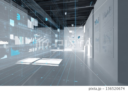 An abstract technical interior with energy data, numbers, and graphs softly projected onto walls in cool tones. An abstract technical interior with energy data, numbers, and graphs softly projected onto walls in cool tones. 136520674