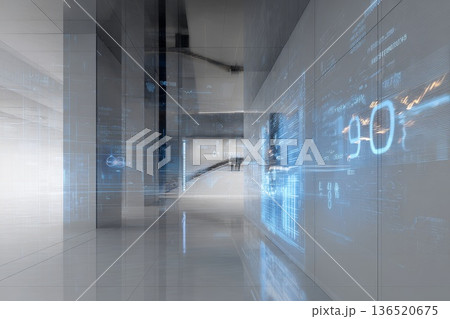 An abstract technical interior with energy data, numbers, and graphs softly projected onto walls in cool tones. An abstract technical interior with energy data, numbers, and graphs softly projected onto walls in cool tones. 136520675
