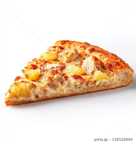 A delicious slice of pizza with chicken and pineapple on a white background 136520684