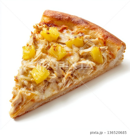 A delicious slice of pizza with chicken and pineapple on a white background 136520685