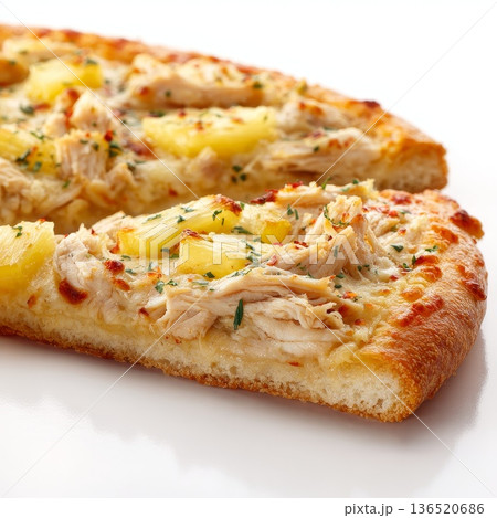 A delicious slice of pizza with chicken and pineapple on a white background A delicious slice of pizza with chicken and pineapple on a white background 136520686