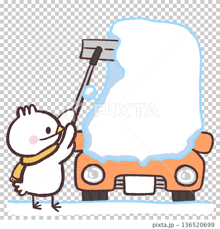Illustration of a white bird in a heavy snow region clearing snow from a car Illustration of a white bird in a heavy snow region clearing snow from a car 136520699