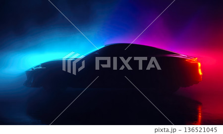 Sleek sport car silhouette with vibrant neon highlights in a dramatic low-light setting. Sleek sport car silhouette with vibrant neon highlights in a dramatic low-light setting. 136521045