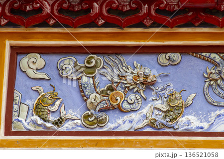 Detail Of Ceramic Mosaic Dragon And Fish Of A Palace In Hue Imperial Citadel, Vietnam. 136521058