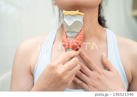Hyperthyroidism, Overactive Thyroid, Thyroid Lymphoma, Asian woman with thyroid gland human anatomy model. 136521340