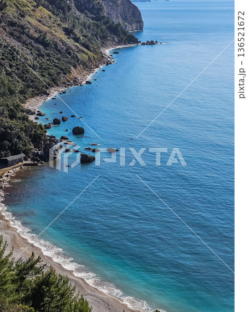 Aerial View of Mountains Sea and Sandy Beach 136521672