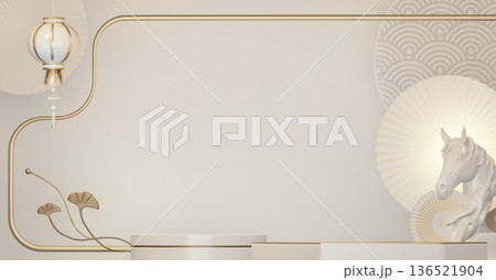 Happy Chinese New Year 2026 with mock up white and gold podium design on white background design. 3D rendering Happy Chinese New Year 2026 with mock up white and gold podium design on white background design. 3D rendering 136521904