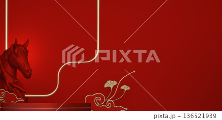 Happy Chinese new year 2026 with circle podium for show product and decoration China on red color style background.3D rendering Happy Chinese new year 2026 with circle podium for show product and decoration China on red color style background.3D rendering 136521939