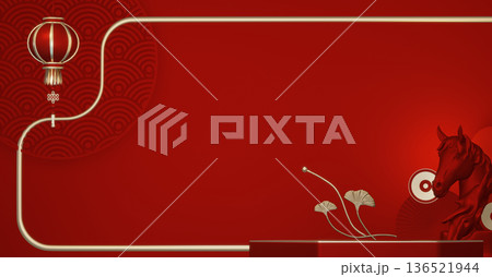 Happy Chinese new year 2026 with circle podium for show product and decoration China on red color style background.3D rendering 136521944