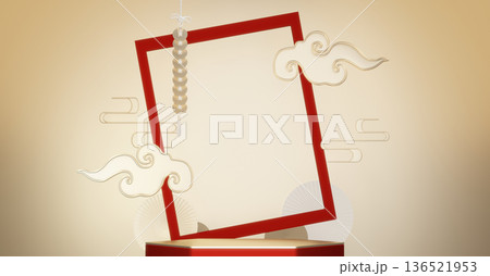 Happy Chinese new year 2026 with circle podium for show product and decoration China on red color style background.3D rendering Happy Chinese new year 2026 with circle podium for show product and decoration China on red color style background.3D rendering 136521953