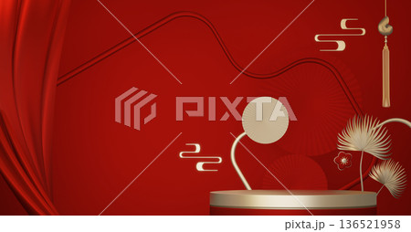Happy Chinese new year 2026 with circle podium for show product and decoration China on red color style background.3D rendering Happy Chinese new year 2026 with circle podium for show product and decoration China on red color style background.3D rendering 136521958