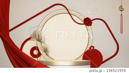Happy Chinese new year 2026 with circle podium for show product and decoration China on red color style background.3D rendering 136521959