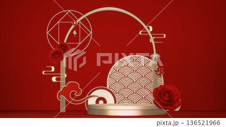 Happy Chinese new year 2026 with circle podium for show product and decoration China on red color style background.3D rendering Happy Chinese new year 2026 with circle podium for show product and decoration China on red color style background.3D rendering 136521966