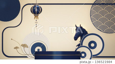 Blue and red concept Year of the Horse ,China  Podium, minimal color two tone geometric design.3D rendering 136521984