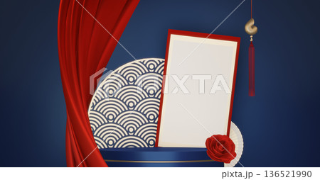 Blue and red concept Year of the Horse ,China  Podium, minimal color two tone geometric design.3D rendering 136521990