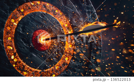 An arrow hitting the center of a target with flames and sparks flying in a dramatic scene 136522013