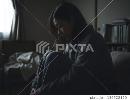 暗い部屋で悲しみに暮れる女性 136522130