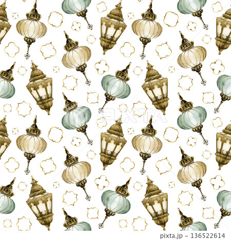 Islamic Hanging Lantern with golden ornament motif Seamless Pattern. Watercolor hand painted isolated illustration on white background for Ramadan Arabic design Muslim holiday Eid Mubarak Al Fitr Adha 136522614
