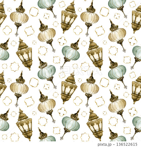 Islamic Hanging Lantern with golden ornament motif Seamless Pattern. Watercolor hand painted isolated illustration on white background for Ramadan Arabic design Muslim holiday Eid Mubarak Al Fitr Adha 136522615