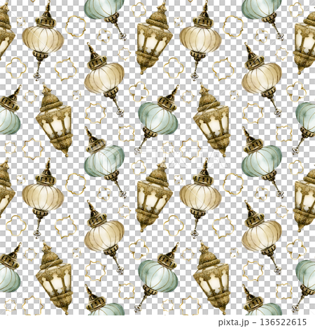 Islamic Hanging Lantern with golden ornament motif Seamless Pattern. Watercolor hand painted isolated illustration on white background for Ramadan Arabic design Muslim holiday Eid Mubarak Al Fitr Adha 136522615