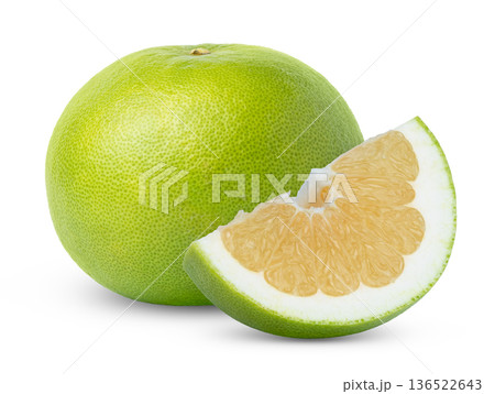 Citrus sweetie grapefruit or pomelo, oroblanco, pomelit fruit and cut in a slice of sweetie grapefruit isolated. 136522643