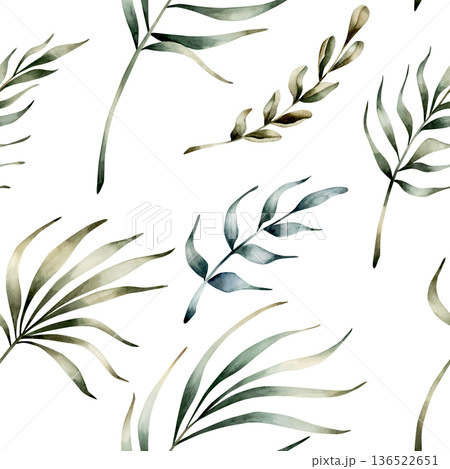 Tropical Leaves Seamless Pattern. Palm branch Watercolor floral hand painted isolated illustration on white background for Ramadan design Muslim holiday Eid Mubarak Al Fitr Adha wrapping paper baby 136522651