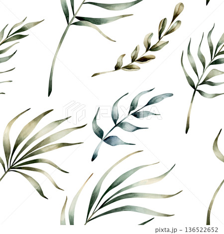 Tropical Leaves Seamless Pattern. Palm branch Watercolor floral hand painted isolated illustration on white background for Ramadan design Muslim holiday Eid Mubarak Al Fitr Adha wrapping paper baby 136522652