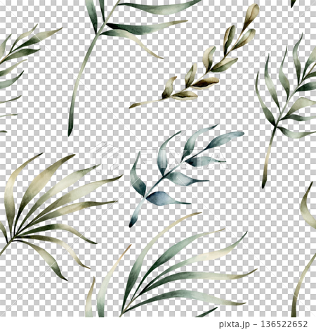 Tropical Leaves Seamless Pattern. Palm branch Watercolor floral hand painted isolated illustration on white background for Ramadan design Muslim holiday Eid Mubarak Al Fitr Adha wrapping paper baby 136522652