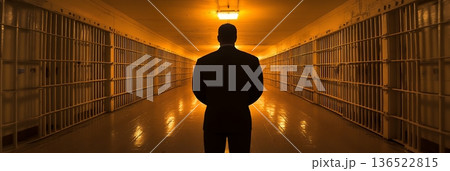 Male silhouette standing in dimly lit prison hallway with similar outfits Male silhouette standing in dimly lit prison hallway with similar outfits 136522815