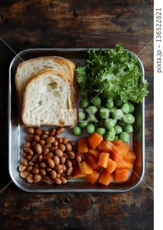 Fresh ingredients on tray: bread, beans, edamame, carrots, lettuce for healthy meal preparation 136522821