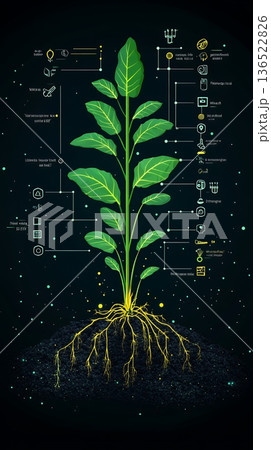 Infographic showing plant growth process with nutrient breakdown and soil interaction 136522826