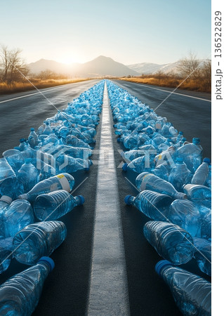 Endless road of discarded plastic bottles in a scenic mountain landscape at sunrise Endless road of discarded plastic bottles in a scenic mountain landscape at sunrise 136522829