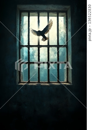 Silhouette of bird soaring beyond prison bars into cloudy sky Silhouette of bird soaring beyond prison bars into cloudy sky 136522830
