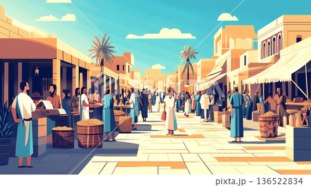 Bustling middle eastern marketplace with diverse people and traditional stalls 136522834