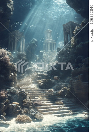Ancient underwater ruins with stone columns and stairs in sunlit ocean depths Ancient underwater ruins with stone columns and stairs in sunlit ocean depths 136522840