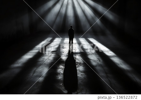 Silhouette of person in dramatic lighting with shadow in abandoned warehouse 136522872