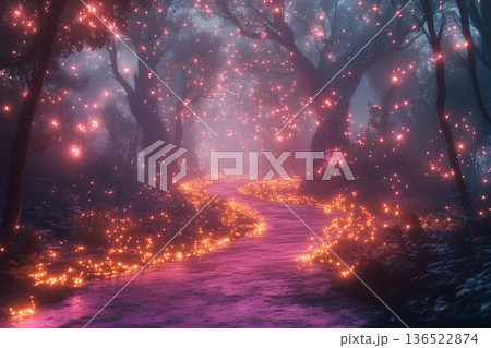 Enchanted forest path illuminated by glowing magical lights at night Enchanted forest path illuminated by glowing magical lights at night 136522874