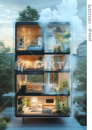 Modern glass house with lush greenery and multi-level interior design 136522876
