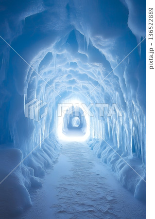 Spectacular ice cave with glowing blue icicles and snowy pathway Spectacular ice cave with glowing blue icicles and snowy pathway 136522889