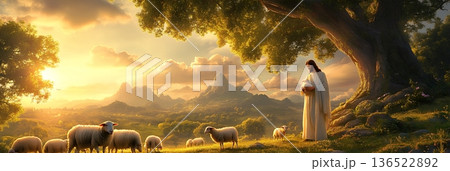 Serene landscape with shepherd and sheep at sunset in pastoral setting 136522892