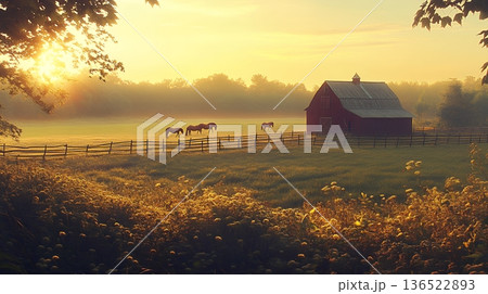 Peaceful rural sunrise with horses grazing near a red barn in a scenic field 136522893
