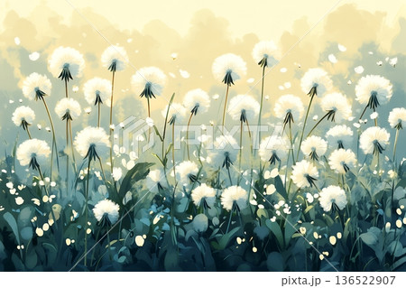 Sunlit dandelion field with gentle breeze and floating seeds Sunlit dandelion field with gentle breeze and floating seeds 136522907