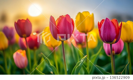 Vibrant tulips bloom in morning sunlight 136522909