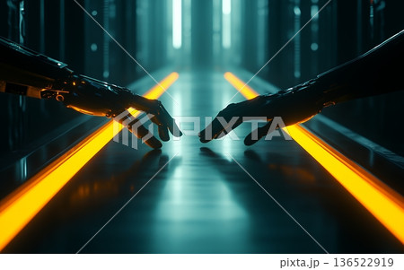 Dramatic silhouette of human and robotic hands reaching towards each other against futuristic background with glowing orange lines 136522919