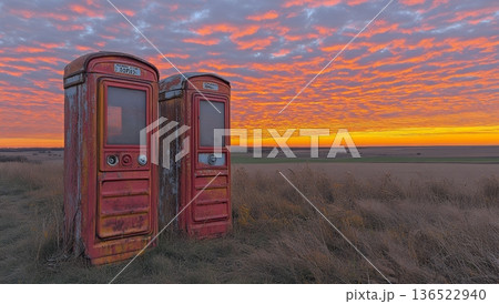 Two weathered red telephone booths standing in rural field against spectacular orange and purple sunset sky, nostalgic communication concept Two weathered red telephone booths standing in rural field against spectacular orange and purple sunset sky, nostalgic communication concept 136522940