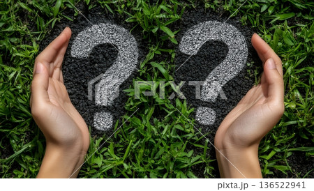 Two chalk drawn question marks between protecting hands on grass background, concept of uncertainty and seeking answers Two chalk drawn question marks between protecting hands on grass background, concept of uncertainty and seeking answers 136522941