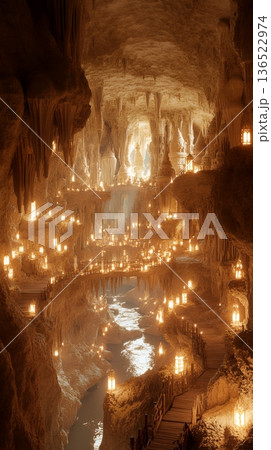 Mystical underground cave with illuminated pathways and stalactites Mystical underground cave with illuminated pathways and stalactites 136522974