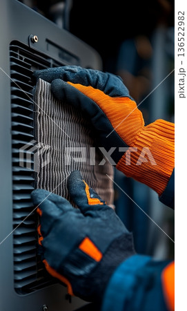 Technician handling air filter with protective gloves in industrial setting 136522982